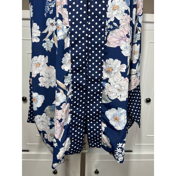 Suzanne Betro Floral Polka Dot Printed Kimono Top Cardigan Blue Long Sleeves 1X - Picture 3 of 14